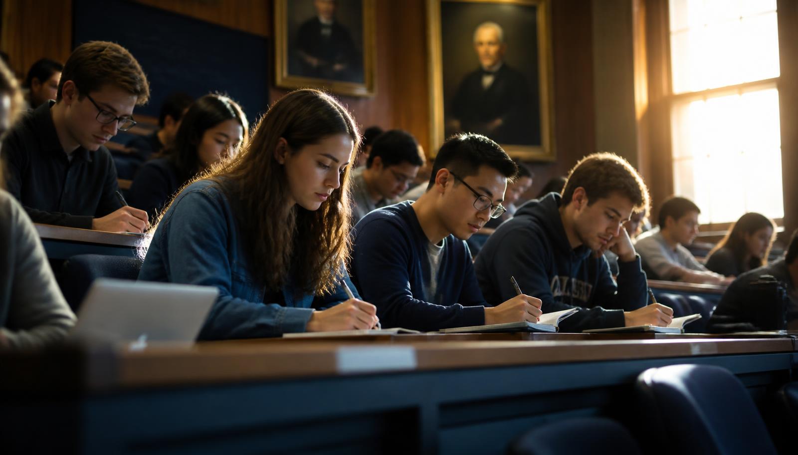 Graduate students taking notes in a university lecture hall