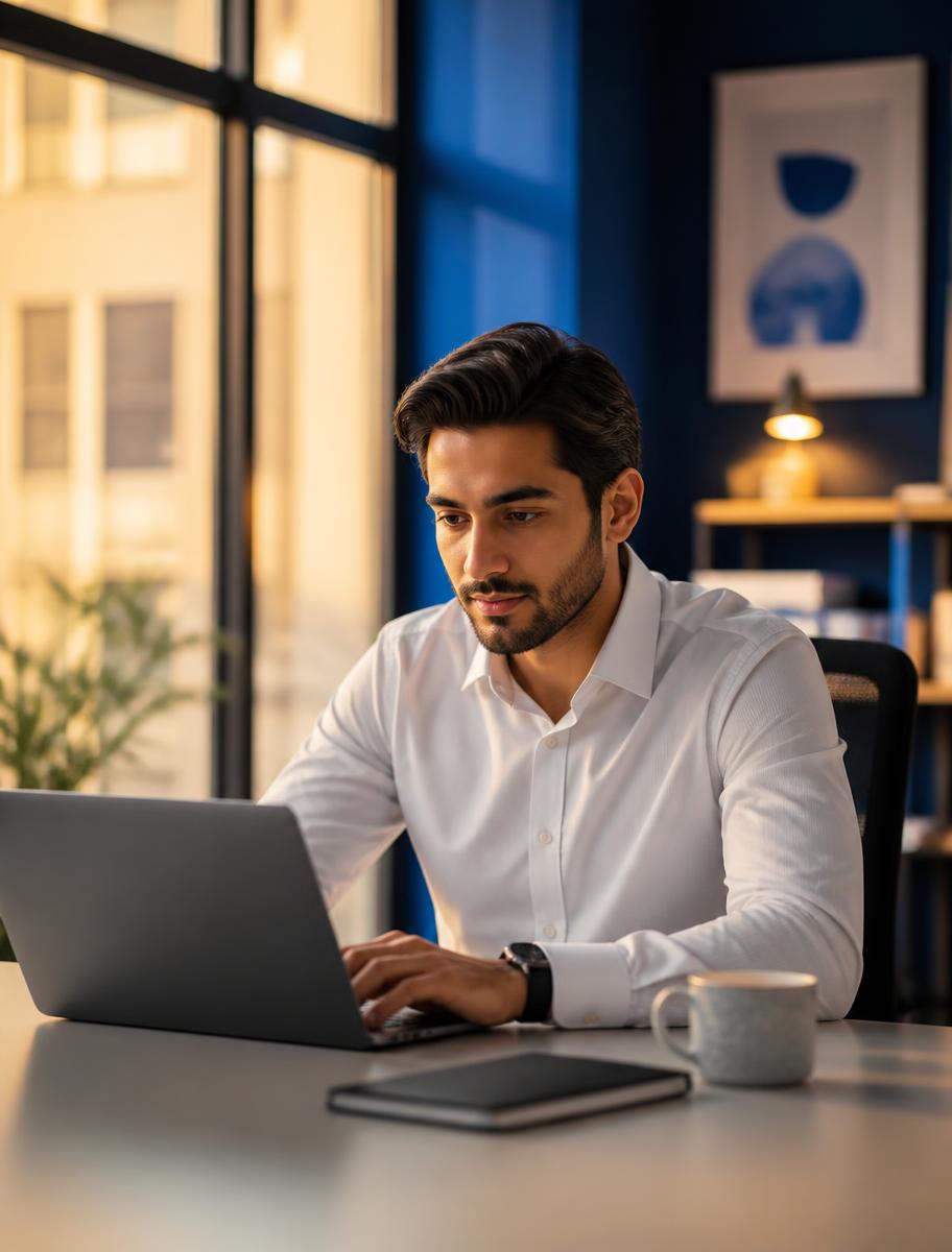International professional working at a desk in a modern office